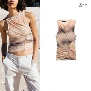 Zara Ruched Sleeveless Top in Beige and Brown